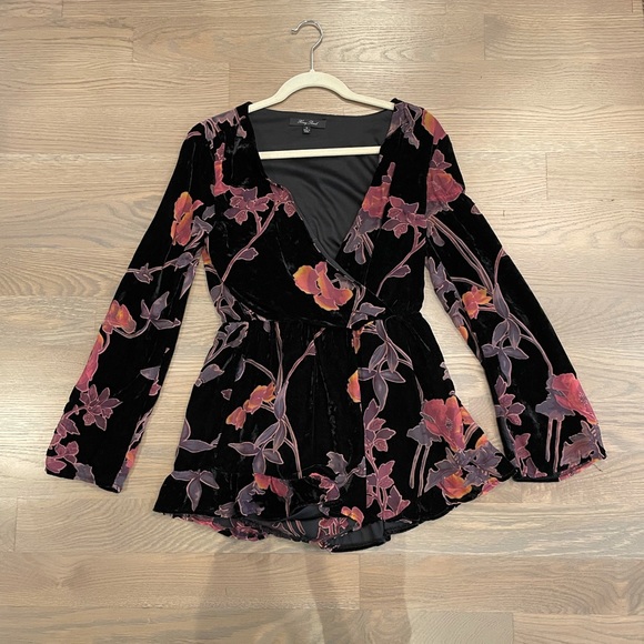 Honey Punch Pants - Black velvet floral romper with flared sleeves